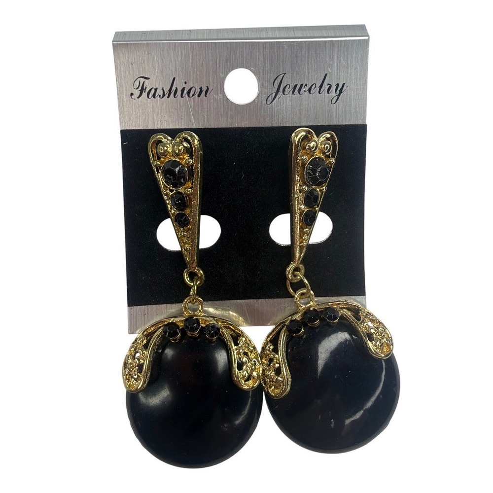 Vintage Style Gold Tone Black Cabochon Rhinestone Filigree Drop Earrings Y2K